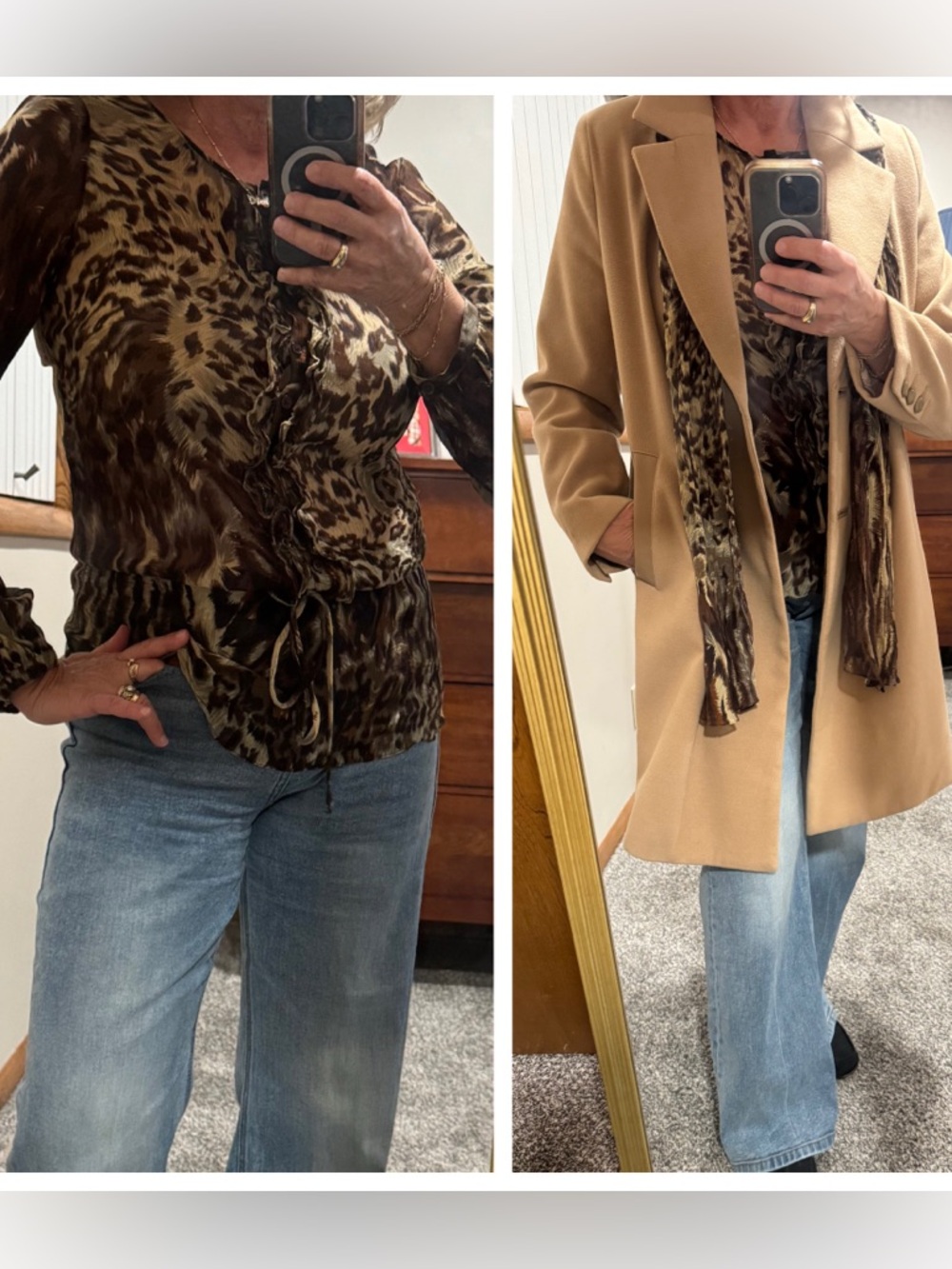 CAbi sheer Brown Leopard-Print Drawstring Blouse and coordinating Scarf